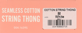 Etykieta opakowania bezszwowych bawełnianych stringów, rozmiar M, białe, z kodem kreskowym na różowym tle.