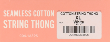 Etykieta Seamless Cotton String Thong, XL, białe, z kodem kreskowym, na różowo-brzoskwiniowym tle.