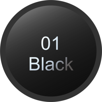 Okrągły, czarny wzornik koloru tuszu do rzęs, z białym napisem "01 Black", widok z przodu.