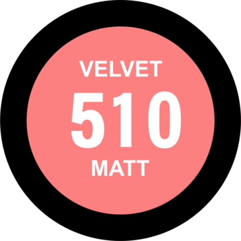 Różowe, okrągłe logo szminki Eveline Velvet Matt, z białym tekstem 'VELVET 510 MATT', na czarnym tle.