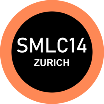 Czarne okrągłe logo konferencji SMLC14 Zurich z białym napisem, otoczone pomarańczowym okręgiem.