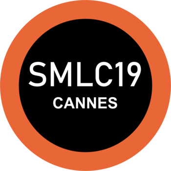 Logo SMLC19 CANNES: czarny okrąg z pomarańczową obwódką, biały napis 'SMLC19 CANNES'.