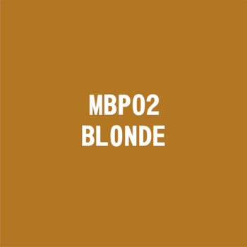 Próbka koloru MBP02 BLONDE dla mechanicznego ołówka do brwi, na złotym tle z białym tekstem.