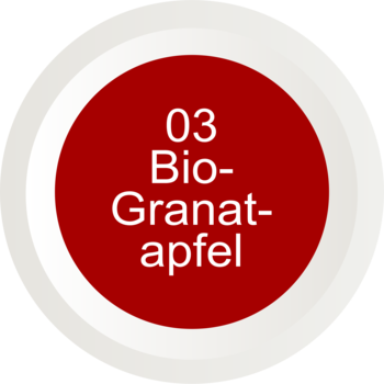 Czerwony, okrągły przycisk z białym napisem "03 Bio-Granatapfel", wskazujący wariant organicznego granatu.