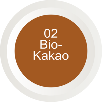 Okrągła próbka koloru dla balsamu Alterra Bio-Kakao: ciemny brąz, beżowy brzeg, biały napis '02 Bio-Kakao'.