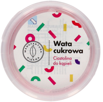 Różowe mydło ciastolina o zapachu waty cukrowej, w okrągłym pojemniku z kolorową etykietą, widok z góry.