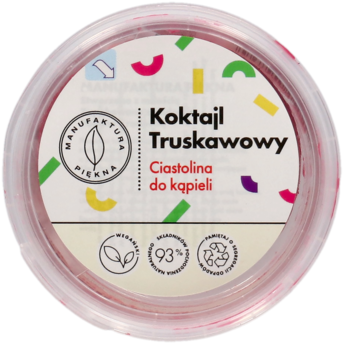 Okrągłe mydło ciastolina Manufaktura Piękna Koktajl Truskawkowy, różowe, w przezroczystym pojemniku, widok z góry.