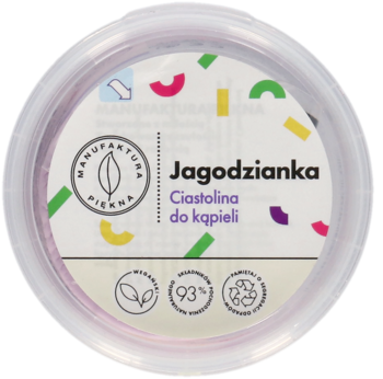 Manufaktura Piękna Jagodzianka Ciastolina do kąpieli, różowa, w okrągłym, przezroczystym pojemniku, widok z góry.