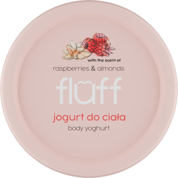 Fluff Body Yoghurt o zapachu malin i migdałów w okrągłym, pudroworóżowym słoiku – jogurt do ciała, ujęcie z góry.