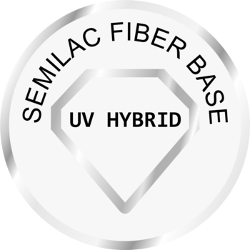 Srebrny okrągły emblemat Semilac Fiber Base z tekstem UV HYBRID w rombie, widok z przodu.