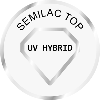 Metaliczne, okrągłe logo Semilac Top UV Hybrid z napisem UV HYBRID w diamencie, top do hybryd.