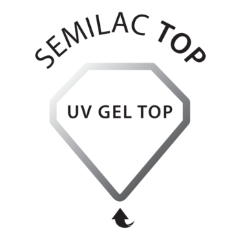 Logo Semilac Top, okrągłe, z czarnym napisem "SEMILAC TOP" i szarym diamentem "UV GEL TOP" dla długotrwałego połysku.
