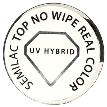 Okrągłe, białe wieczko Semilac Top No Wipe Real Color z czarnym tekstem i symbolem UV HYBRID. Widok z góry.