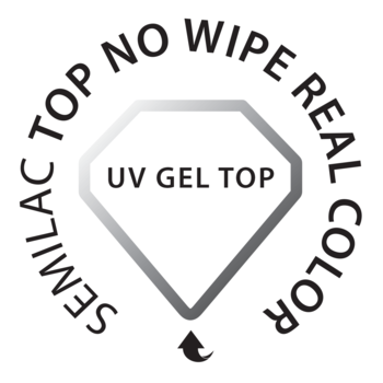 Okrągłe logo Semilac Top No Wipe Real Color. Białe tło, czarny napis i szary diament UV GEL TOP.