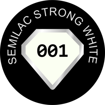 Lakier hybrydowy Semilac 001 Strong White: logo w kształcie białego diamentu z cyframi 001, na czarnym tle.