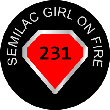 Logo lakieru Semilac 231 Girl on Fire, klasycznej czerwieni: czerwony diament, czarny 231, srebrny tekst na czarnym tle.