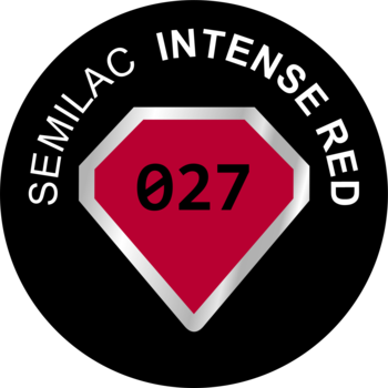Graficzny emblemat Semilac Intense Red 027: czerwony diament z tekstem, symbol lakieru hybrydowego.