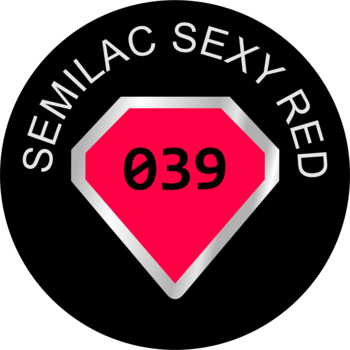 Logo lakieru Semilac 039 Sexy Red, intensywna czerwień w kształcie diamentu z numerem 039 na czarnym tle.