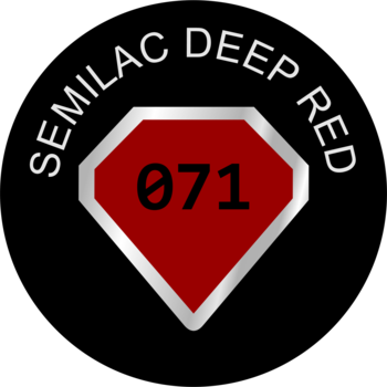 Lakier hybrydowy Semilac 071 Deep Red: logo na czarnym tle. Czerwony romb ze srebrną obwódką, numer 071.