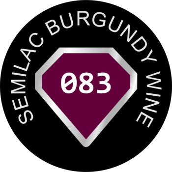 Emblemat lakieru Semilac 083 Burgundy Wine: fioletowy diament, srebrna ramka, napis na czarnym tle.