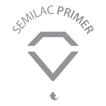 Emblemat Semilac Primer: białe koło, szary napis i diament, symbolizujący produkt zwiększający przyczepność.