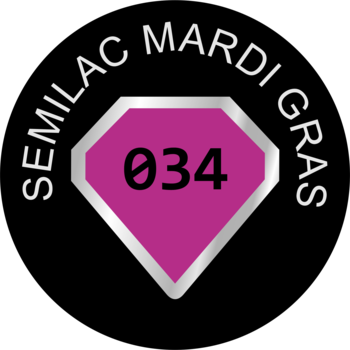 Semilac 034 Mardi Gras: logo neonowego fuksjowo-fioletowego lakieru hybrydowego w kształcie diamentu.