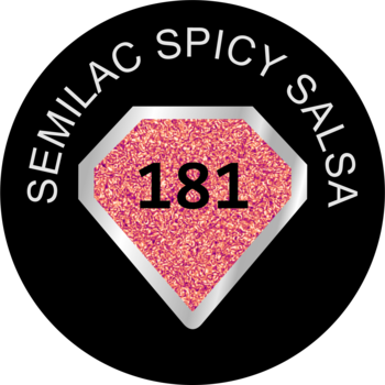 Semilac 181 Spicy Salsa, lakier hybrydowy. Srebrny romb z karminową, perłową masą i brokatem, widok na czarnym tle.
