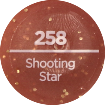 Okrągła nakrętka lakieru Sally Hansen Insta-Dri, nr 258 Shooting Star, w brązowo-złotym kolorze z brokatem.