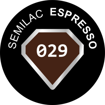 Logo Semilac Espresso 029, ciemnobrązowa etykieta w kształcie diamentu z numerem, na czarnym tle.