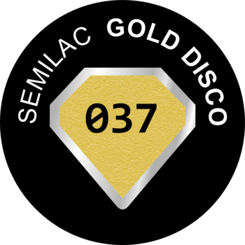 Logo Semilac Gold Disco, złoty diament z cyfrą 037 i srebrnym obramowaniem, na czarnym tle.