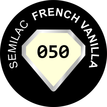 Logo Semilac French Vanilla 050: biały diament z mleczną bielą, transparentny lakier hybrydowy na czarnym tle.