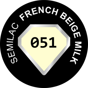 Logo Semilac French Beige Milk 051: jasnobeżowy diament z numerem 051, otoczony nazwą koloru, na czarnym tle.