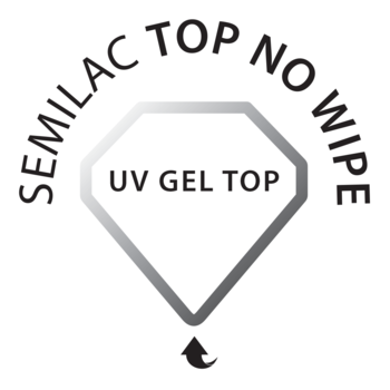 Okrągłe, czarno-białe logo Semilac Top No Wipe UV Gel Top do paznokci, z diamentowym symbolem i strzałką.