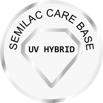 Srebrne, okrągłe logo Semilac Care Base UV Hybrid z błyszczącym wykończeniem i rombem w centrum.
