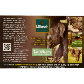Dilmah conservation poster: details on elephant protection, brand logo, QR code, and an elephant's face on the right.