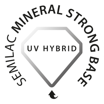 Białe okrągłe logo Semilac Mineral Strong Base z szarym diamentem "UV HYBRID" i tekstem "SEMILAC MINERAL STRONG BASE".