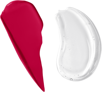Dwustronna pomadka w płynie: rozmazany różowy pigment i przezroczysty top coat dla szklanego wykończenia.