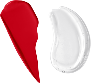 Zbliżenie na dwie smugi dwustronnej pomadki w płynie: intensywny czerwony pigment i przezroczysty, szklany top coat.