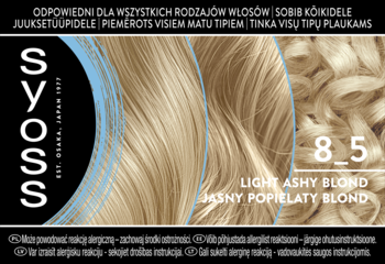 Farba Syoss 8_5 Jasny Popielaty Blond. Front opakowania z wzorcem jasnych, chłodnych włosów, neutralizuje żółte tony.