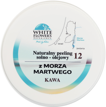 Peeling solny z Morza Martwego WHITE FLOWERS Kawa w okrągłym białym pojemniku, widok z przodu, z mapą regionu.