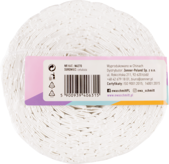 Białe, 12-warstwowe waciki celulozowe na rolce z perforacją, widok z boku etykiety z kodem kreskowym.