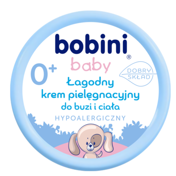 Okrągła nalepka Bobini Baby 0+ łagodny krem pielęgnacyjny do buzi i ciała hypoalergiczny, z pieskiem.