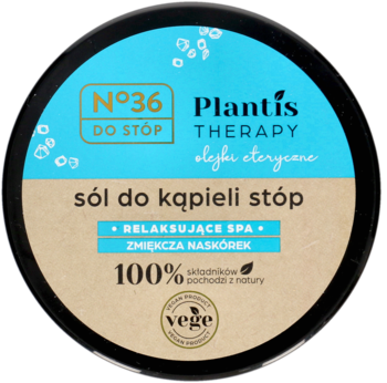 Plantis Therapy sól do kąpieli stóp N°36, relaksująca i zmiękczająca, 100% naturalna. Czarne okrągłe opakowanie, widok z góry.