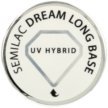 Biała, okrągła nakrętka Semilac Dream Long Base UV Hybrid do paznokci, ze srebrnym rantem i czarnym tekstem.