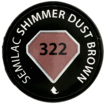 Wieczko lakieru Semilac Shimmer Dust Brown 322: chłodny brąz z fioletem i srebrnym brokatem w kształcie diamentu.