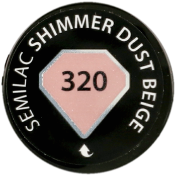 Czarne wieczko Semilac Shimmer Dust Beige 320, beżowy brokatowy lakier hybrydowy, widok z góry.