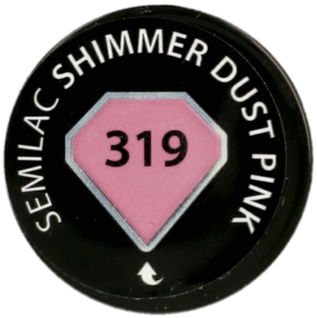 Semilac Shimmer Dust Pink hybrydowy lakier do paznokci 319, okrągły czarny tester z różowym kolorem.