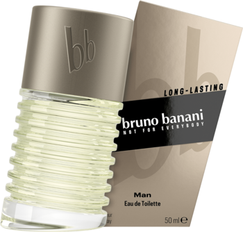 Woda toaletowa Bruno Banani Man 50ml. Ryflowana butelka z logo 'bb' na korku, obok beżowe pudełko.