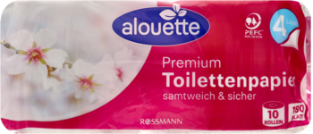 Alouette Premium 4-warstwowy papier toaletowy, aksamitny, biało-różowe opakowanie z kwiatami, 10 rolek.