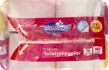 Biały papier toaletowy Alouette 4-warstwowy, 16 rolek, 180 listków, w przezroczystym opakowaniu z różową etykietą.